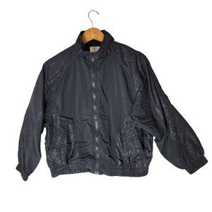 Nylon Bomber Jacket Womens S Black Retro 80s Vintage Shiny Zip Pockets